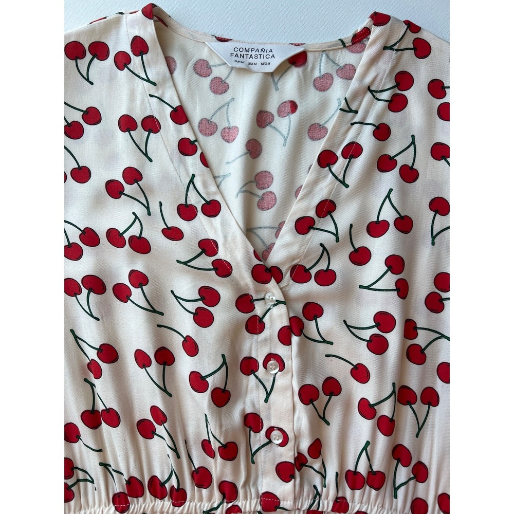 Dress Red Cherry Print Compañía Fantástica AOP Midi Shirt Dress Women M Viscose - Picture 3 of 15